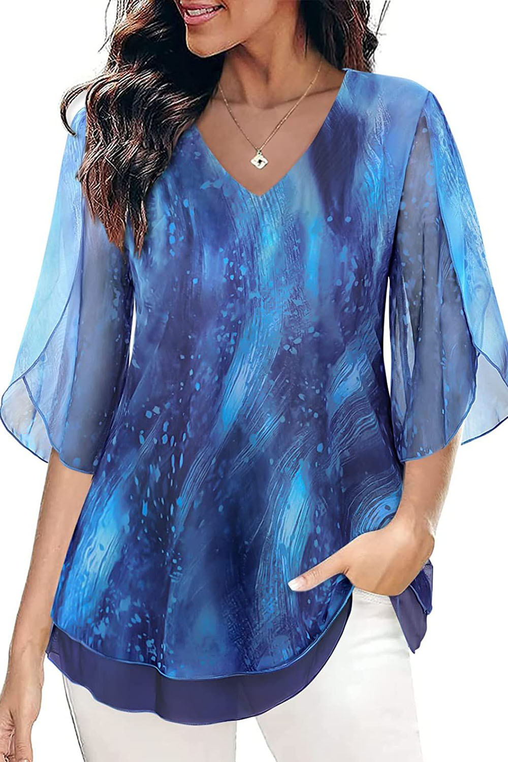 Flycurvy Plus Size Dressy Blue Chiffon Double Layer Petal Sleeve Blouse 2024 - Flycurvy 