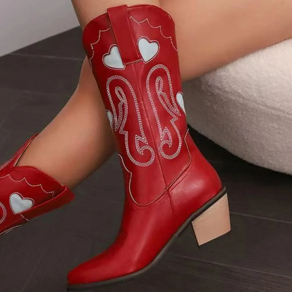 Red Faux Leather Embroidered Western Boots for Women with Heart Inlay
