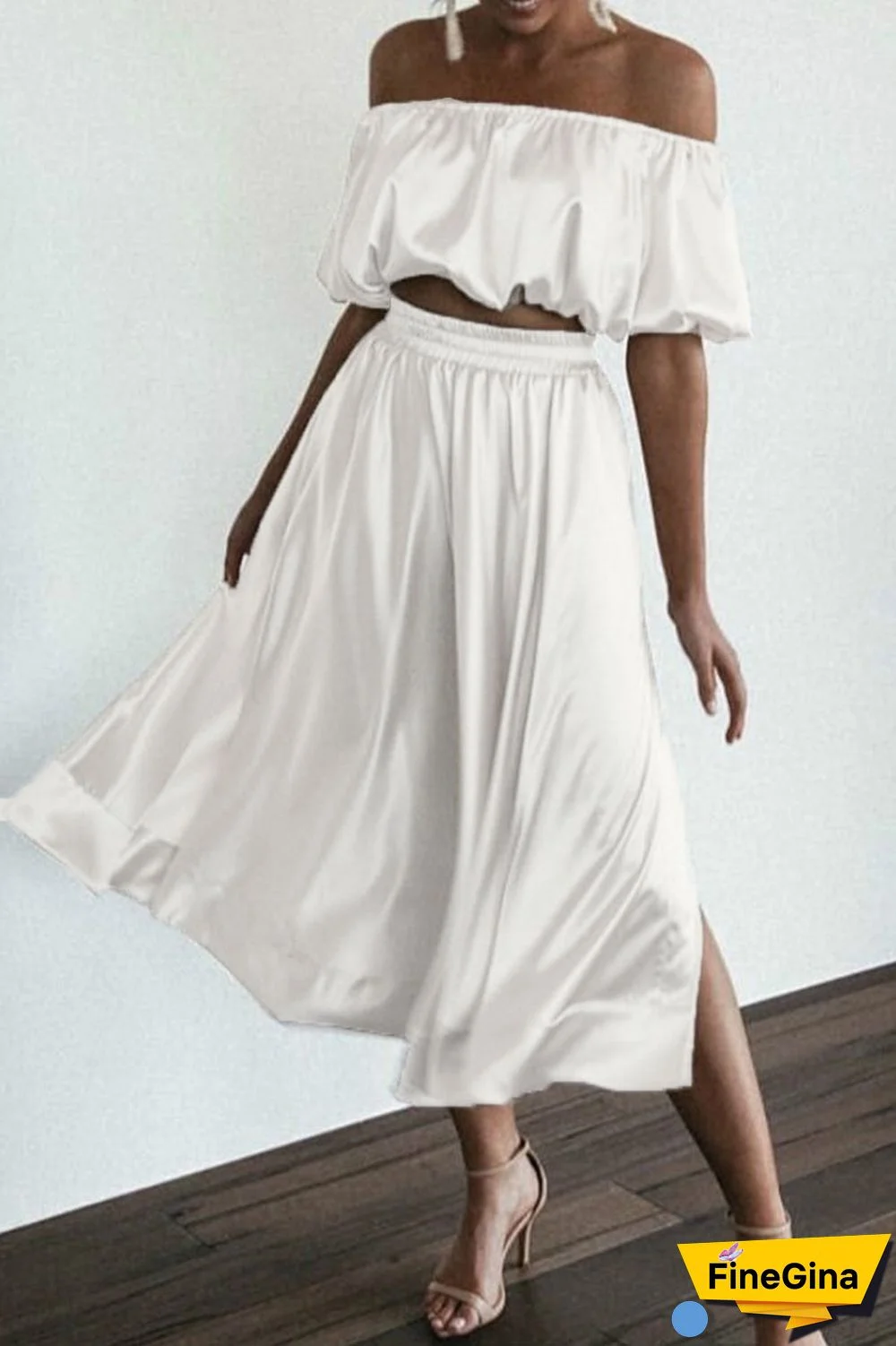Elegant Solid Fold Asymmetrical Off the Shoulder Half Sleeve Two Pieces