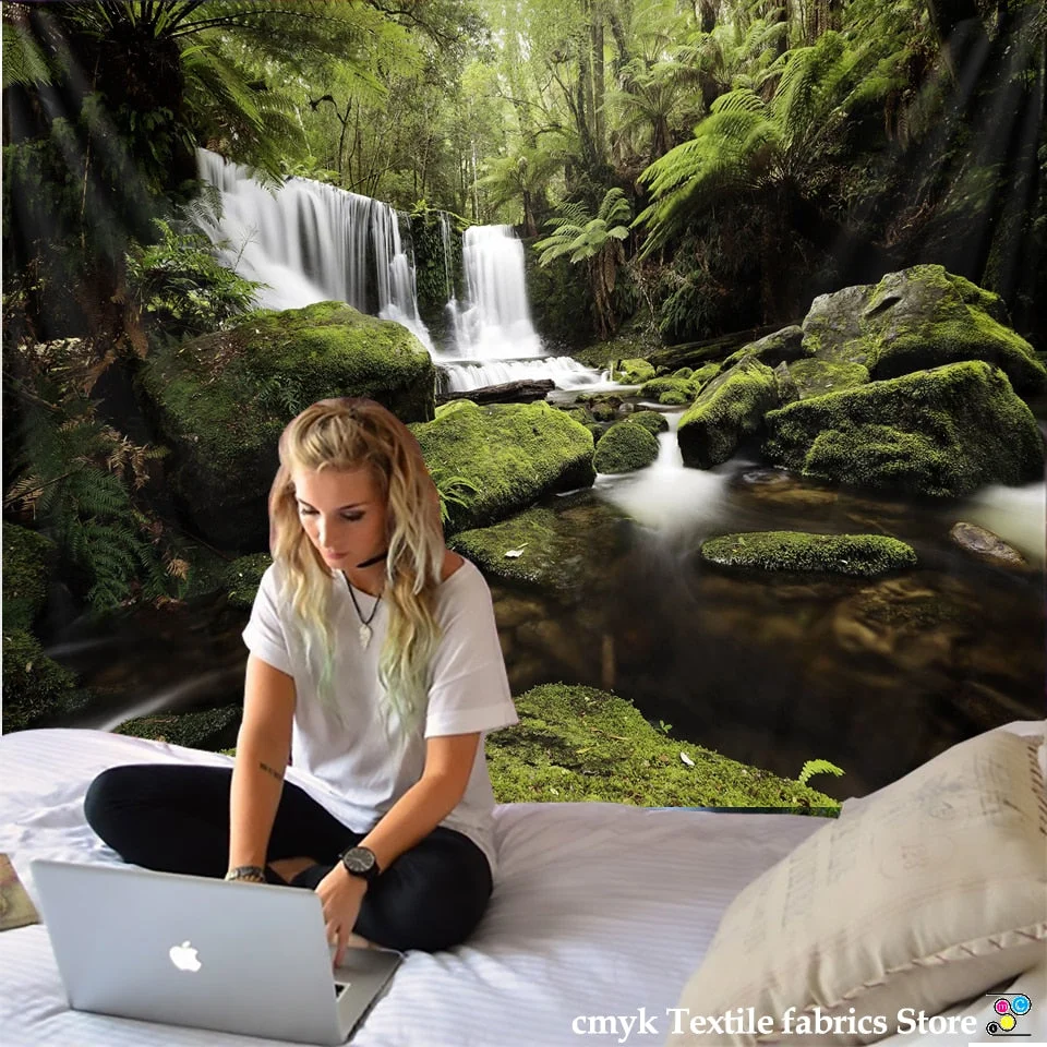 Forest Stream Tapestry Wall Hanging Sandy Beach Picnic Rug Camping Tent Sleeping Pad Home Decor Bedspread Sheet Wall Cloth