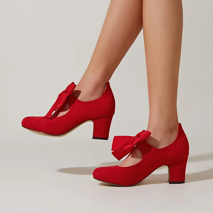 Vintage Red Vegan Suede Pumps Round Toe Bow Mary Jane Shoes |FSJ Shoes