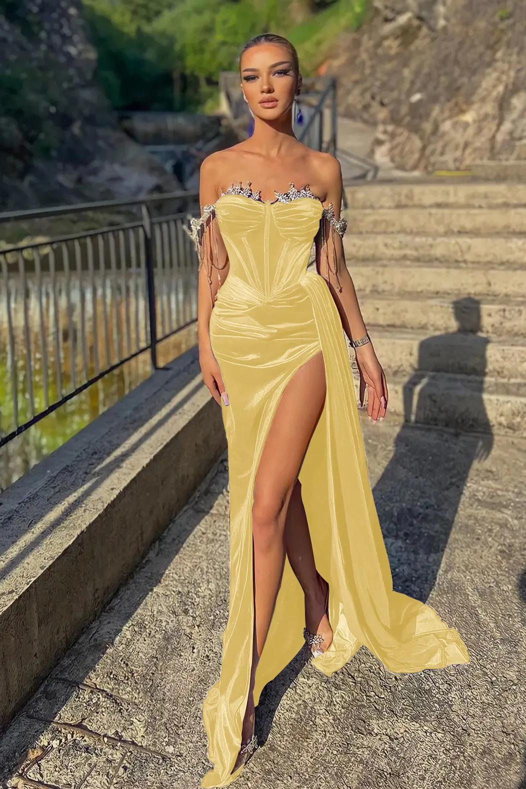 Mermaid Off Shoulder Elegant Cheap Prom Dress With Pleats, PD0625