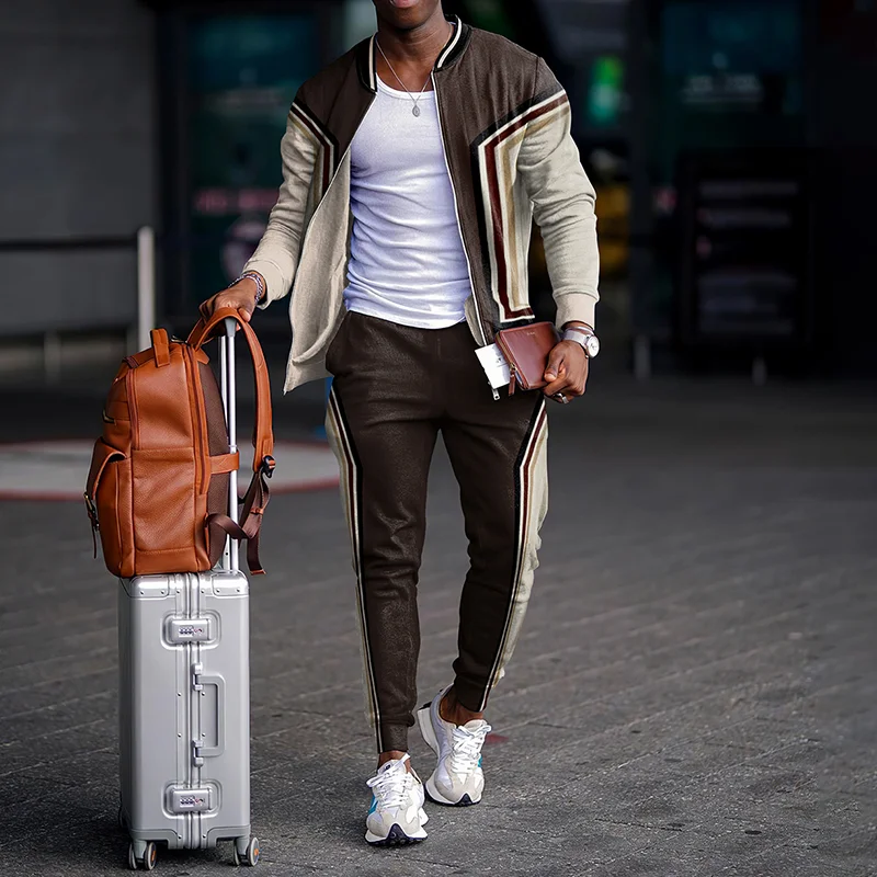 Stylish Retro Sport Geometric Khaki Jacket And Pants Co-Ord