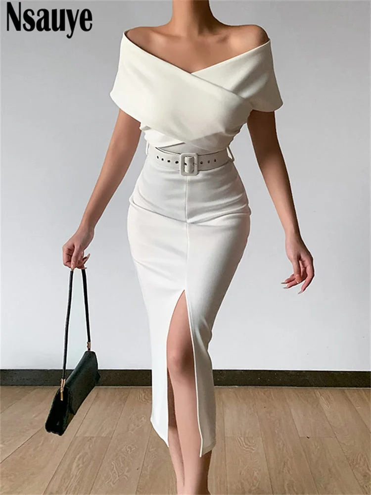 Nsauye Elegant Office Women Off Shoulder Split Sexy Black Bodycon Party Midi Dress 2022 Summer Evening White Dresses With Belt