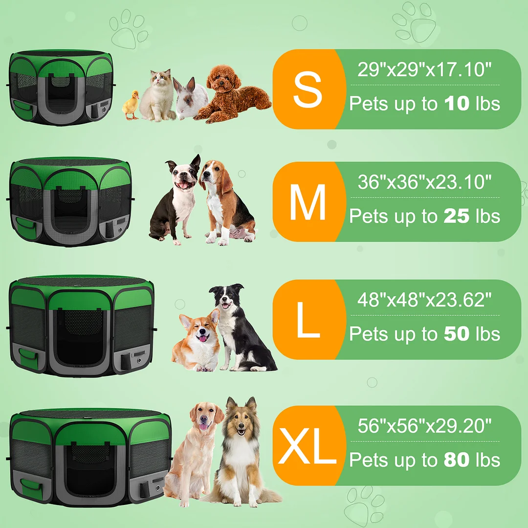 Upgraded Pet Dog Playpen for Small/Medium/Large Dogs Indoor/Outdoor, 600D Oxford Fabric Green Portable Cat Playpen Enclosed with Removable Zipper Top and Bottom（S）