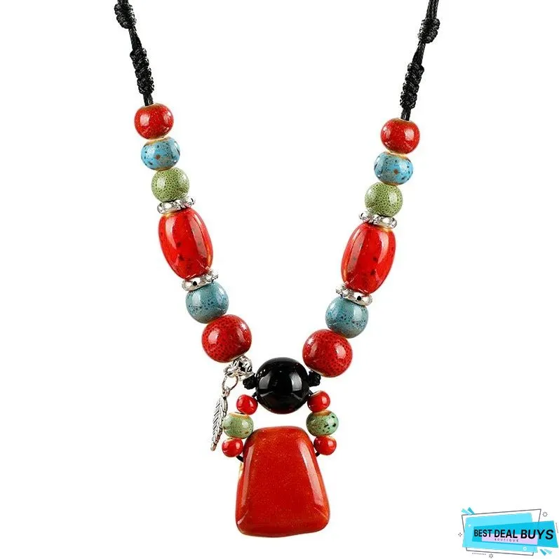 Retro Ethnic Style Ceramic Necklace for Womens Simple Collar Chain Versatile Red Pendant