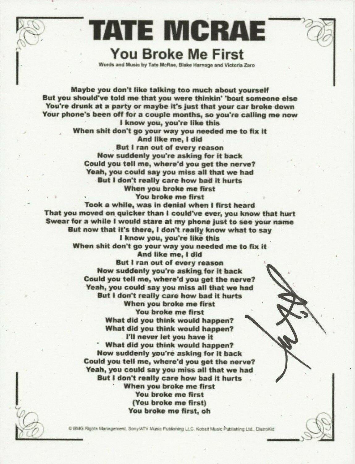 Tate McRae REAL hand SIGNED You Broke Me First Lyric Sheet #1 COA Autographed