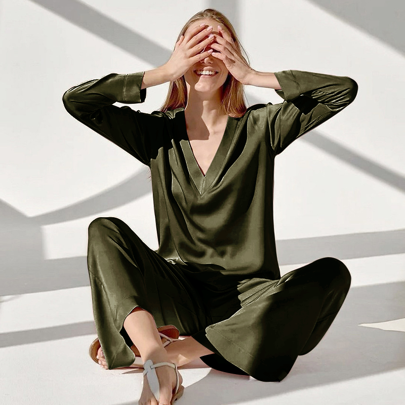 Silk Pajamas Women 22 Momme Mulberry Silk Long Sleeve V Neck 2 Piece Sleepwear REAL SILK LIFE