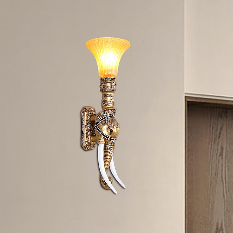 Elephant Corridor Wall Light Fixture Retro Stylish Resin 1 Bulb Gold Wall Mount Lamp with Bell Amber Glass Shade