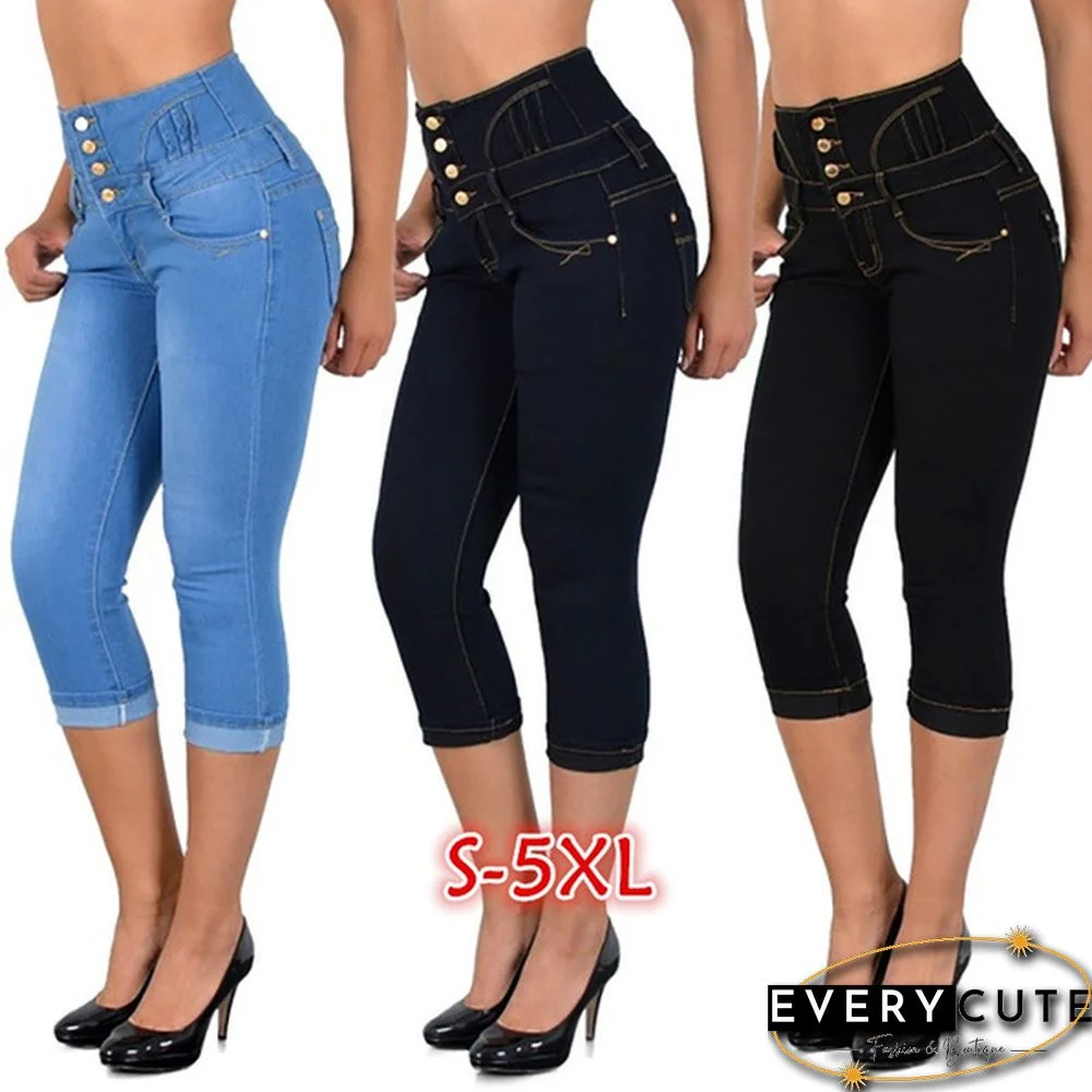 Plus Size Women's Fashion Summer Slim Fit Capri Jeans High Waist 3/4 Jeans Denim Shorts Women Package Hip Short Pants S-5XL