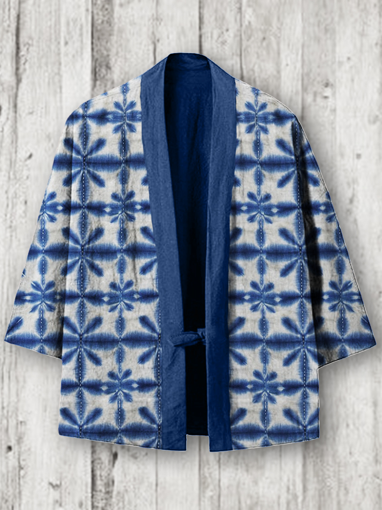 menweary Japanese Traditional Tie Dye Linen Blend Kimono Cardigan