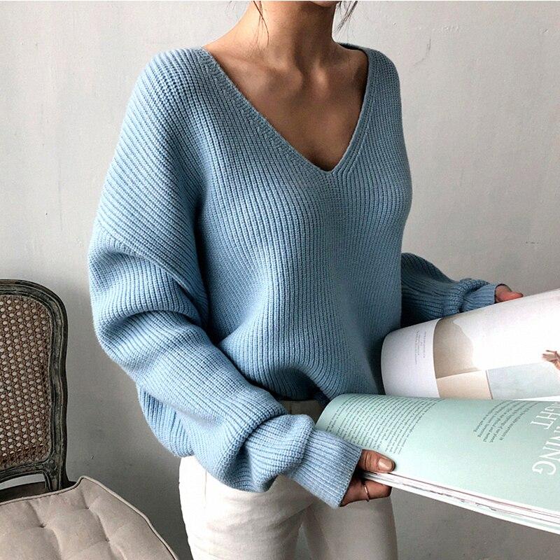  thdmladies solid color V-neck sweater thedmladies