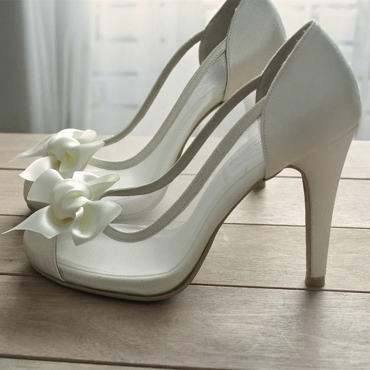 White Bridal Shoes Chunky Heel Bow Heels Wedding Pumps |FSJ Shoes