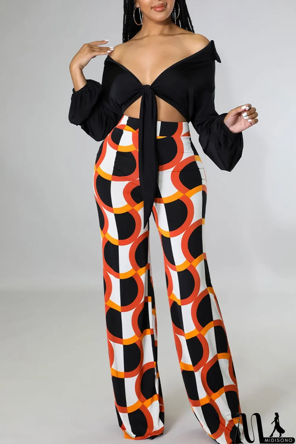 MidiSono - Black Casual Print Bandage Split Joint V Neck Long Sleeve Two Pieces