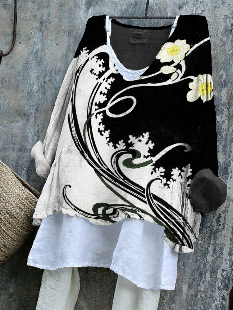 Classy Flowers Japanese Contrast Color Art Linen Blend Tunic elevenforest