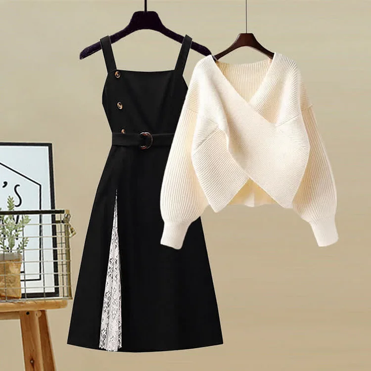 Cross Knit Sweater Belted Lace Slip Dress Two Pieces Set - Modakawa modakawa