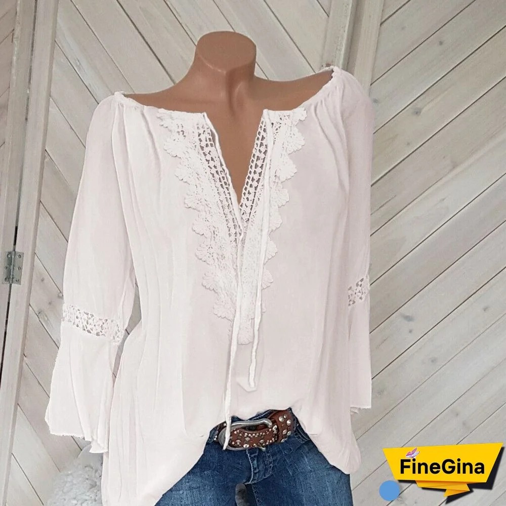 5XL Plus Size Women Casual Blouse Tops V Neck 3/4 Sleeve Loose Lace Blouse