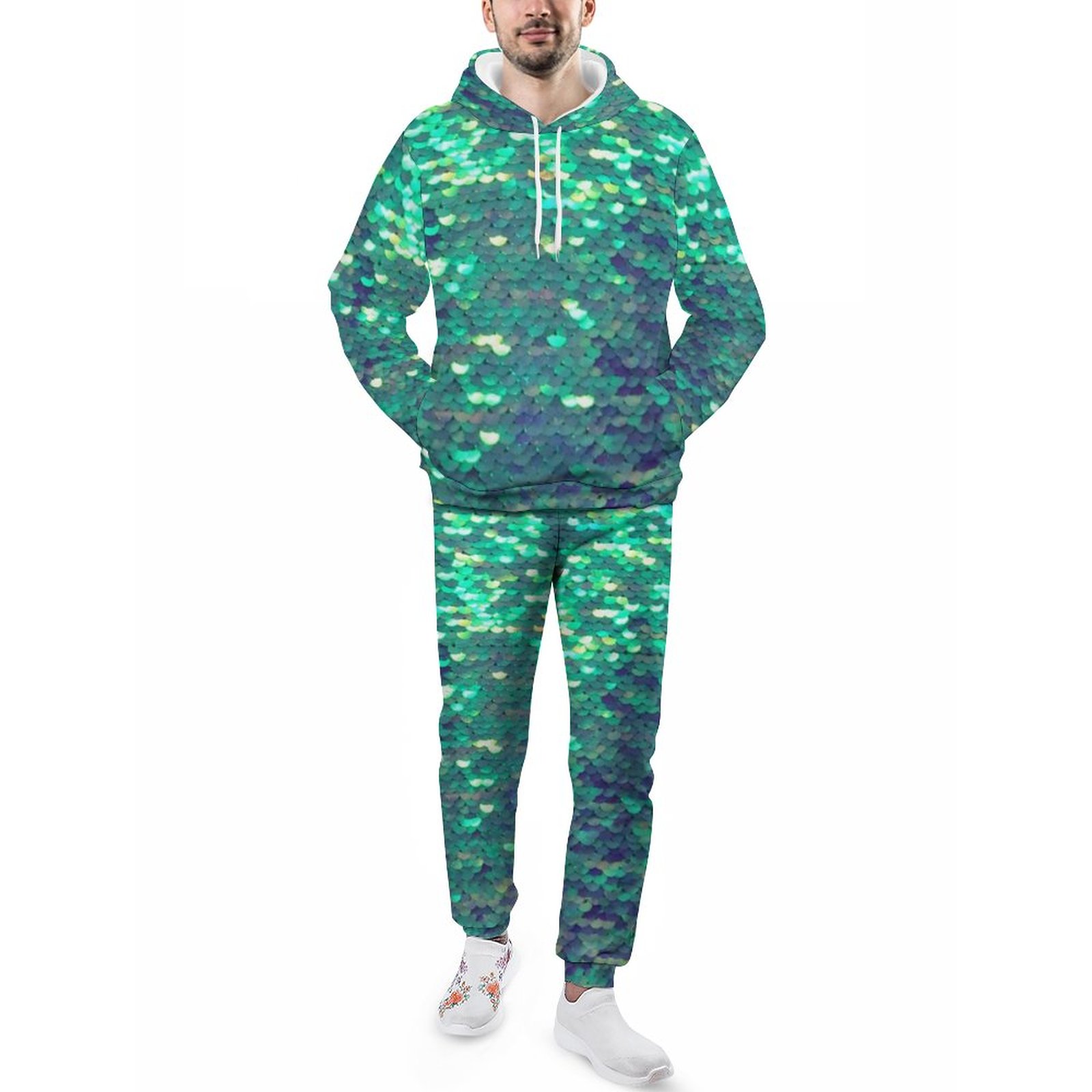 Printed Mermaid Simulated Sequin Men's Sweatsuits Set Guys Streetwear Athletic Pullover And Sweatpants Suit Outfit S-5Xl