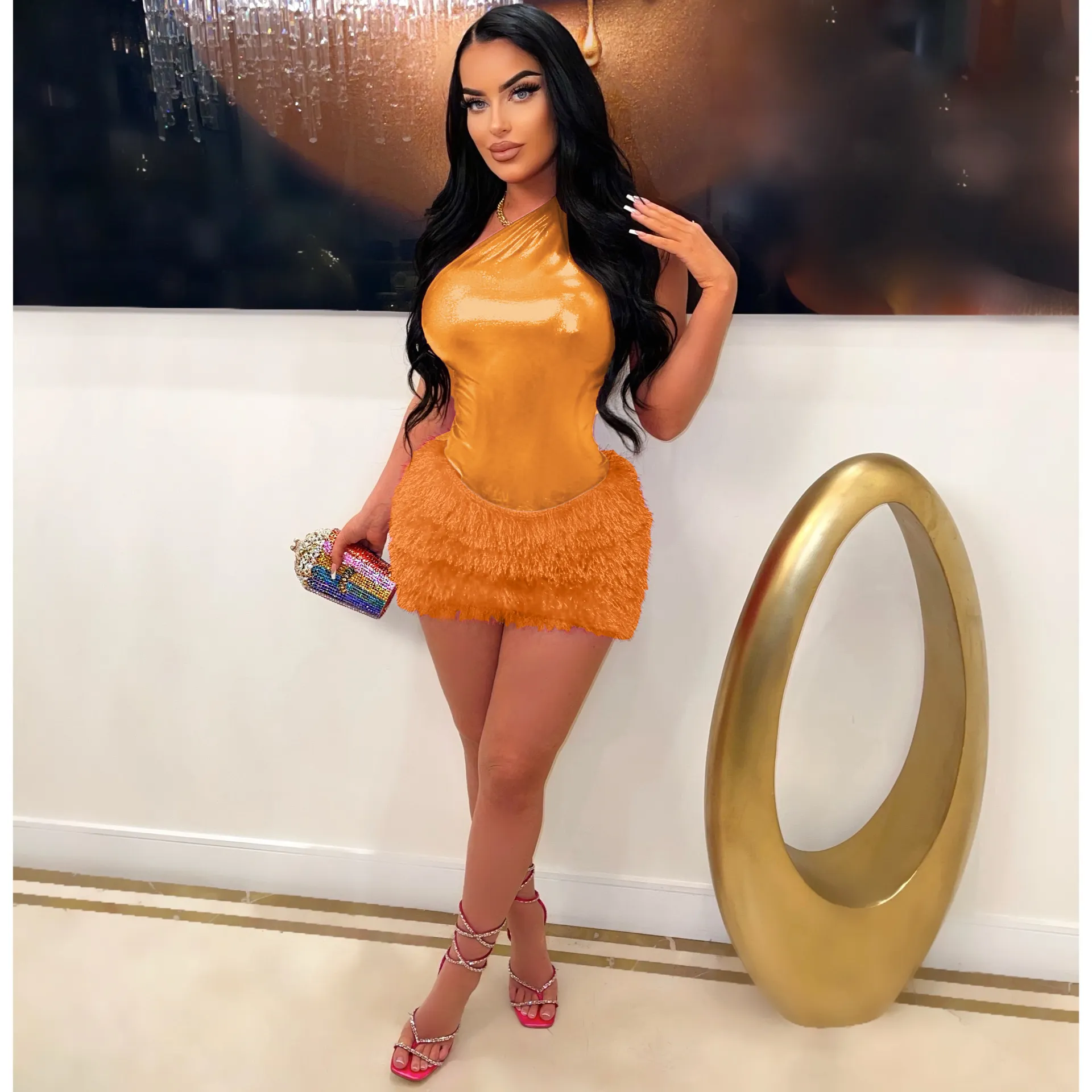 Women Clothing Skirt Set Jumpsuit Glossy Sexy Skirt Two Piece Set