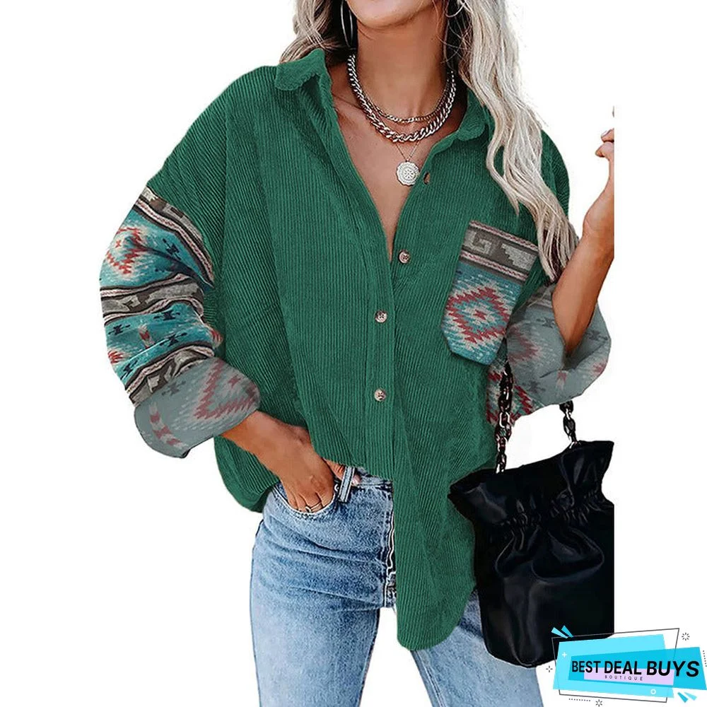 Printed Shirt Long Sleeve Plus Size Women's Coat Lapel Loose Jacket