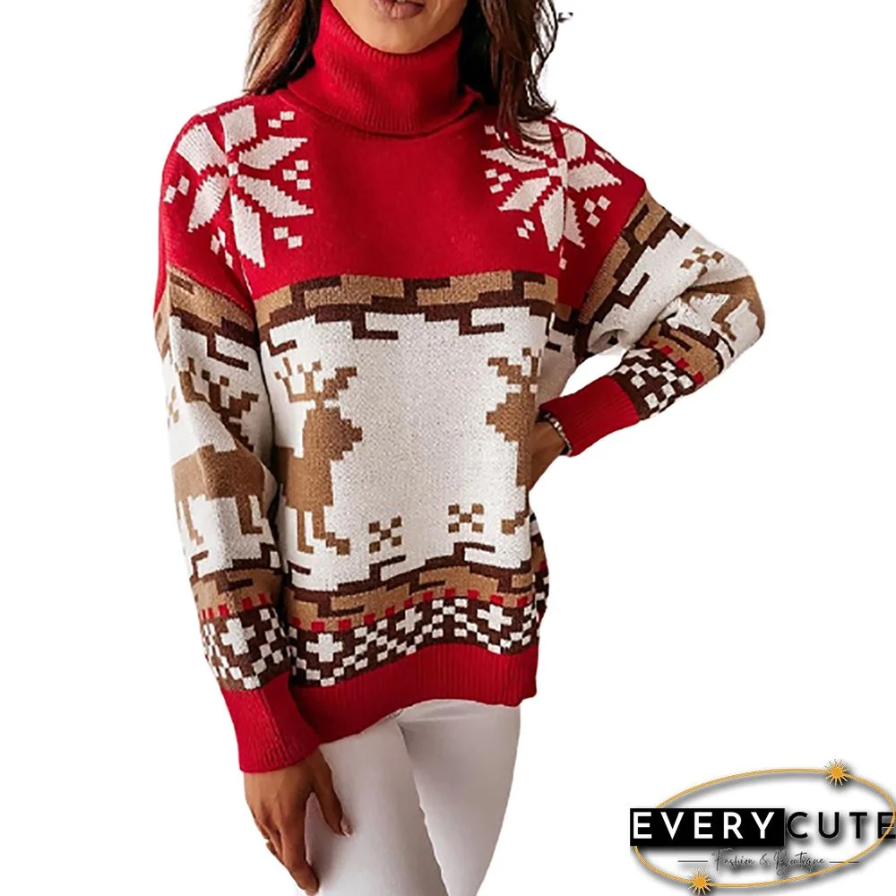 Red High Collar Christmas Elk Print Sweater