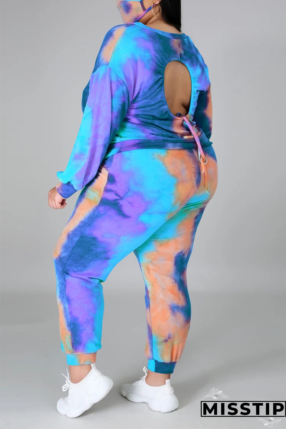 multicolor Fashion Casual Print Tie Dye Tie-dye Backless O Neck Plus Size Set