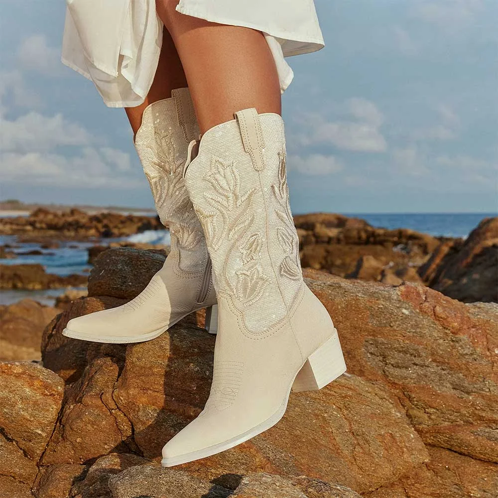 Ivory Snip Toe Chunky Heel Embroidered Zipper Sequins Cowgirl Boots