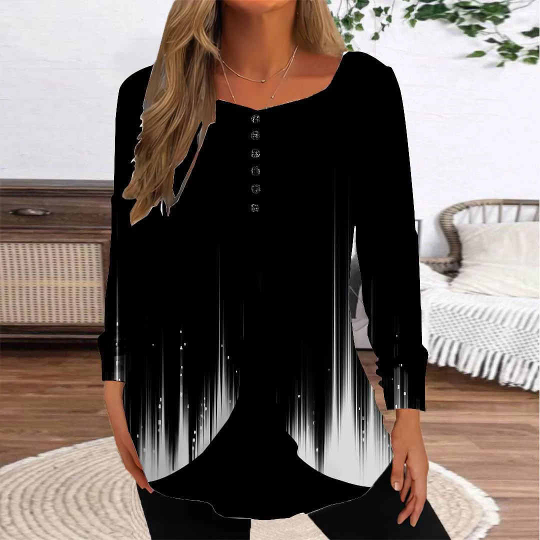 Women Striped,Black DZGG8330 Long Sleeve Scoop Neck Printed Graphic Button Fake 2in1 Tops
