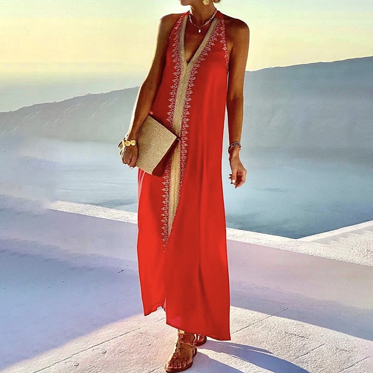 Comstylish Fashionable Lace Patchwork V-Neck Open Back Sleeveless Maxi Dress