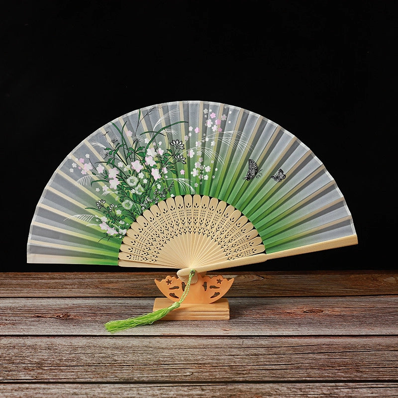 Bamboo Two Green Folding Fan Smile Fan Female Antique Fan Dance Fan Folding Fan Student Gift Elegant Fan