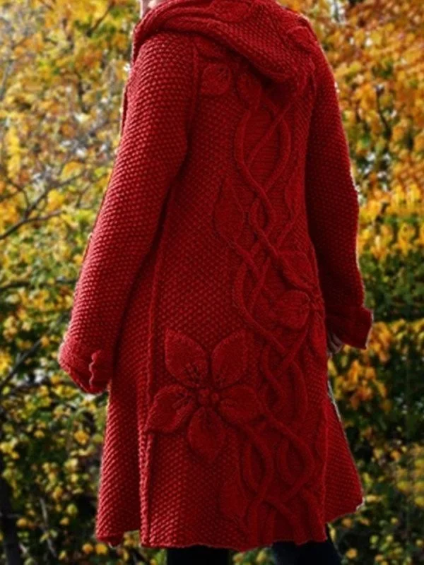 Women'S Floral Jacquard Hooded Sweater Cardigan