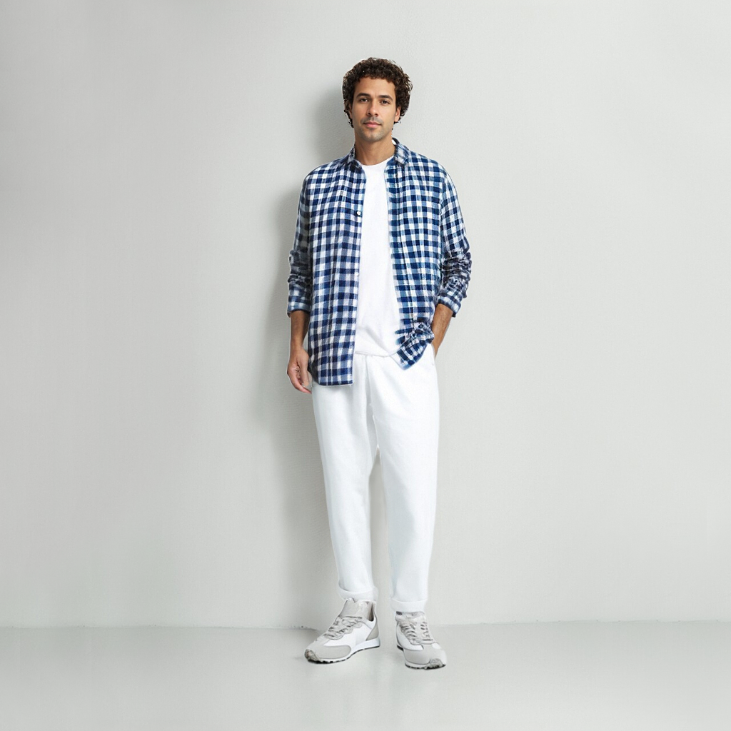 100% European Linen Checkered Men's Shirt REAL SILK LIFE