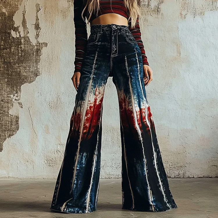 Vintage 90s Tie-dye Chain-decorated Denim Print Wide-leg Flared Trousers Casual Pants