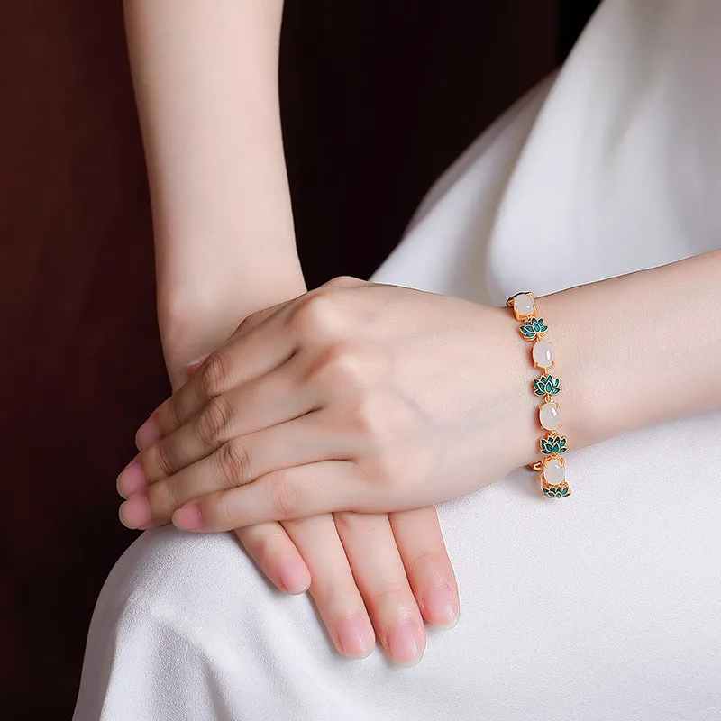 White Jade Lotus Blessing Chain Bracelet