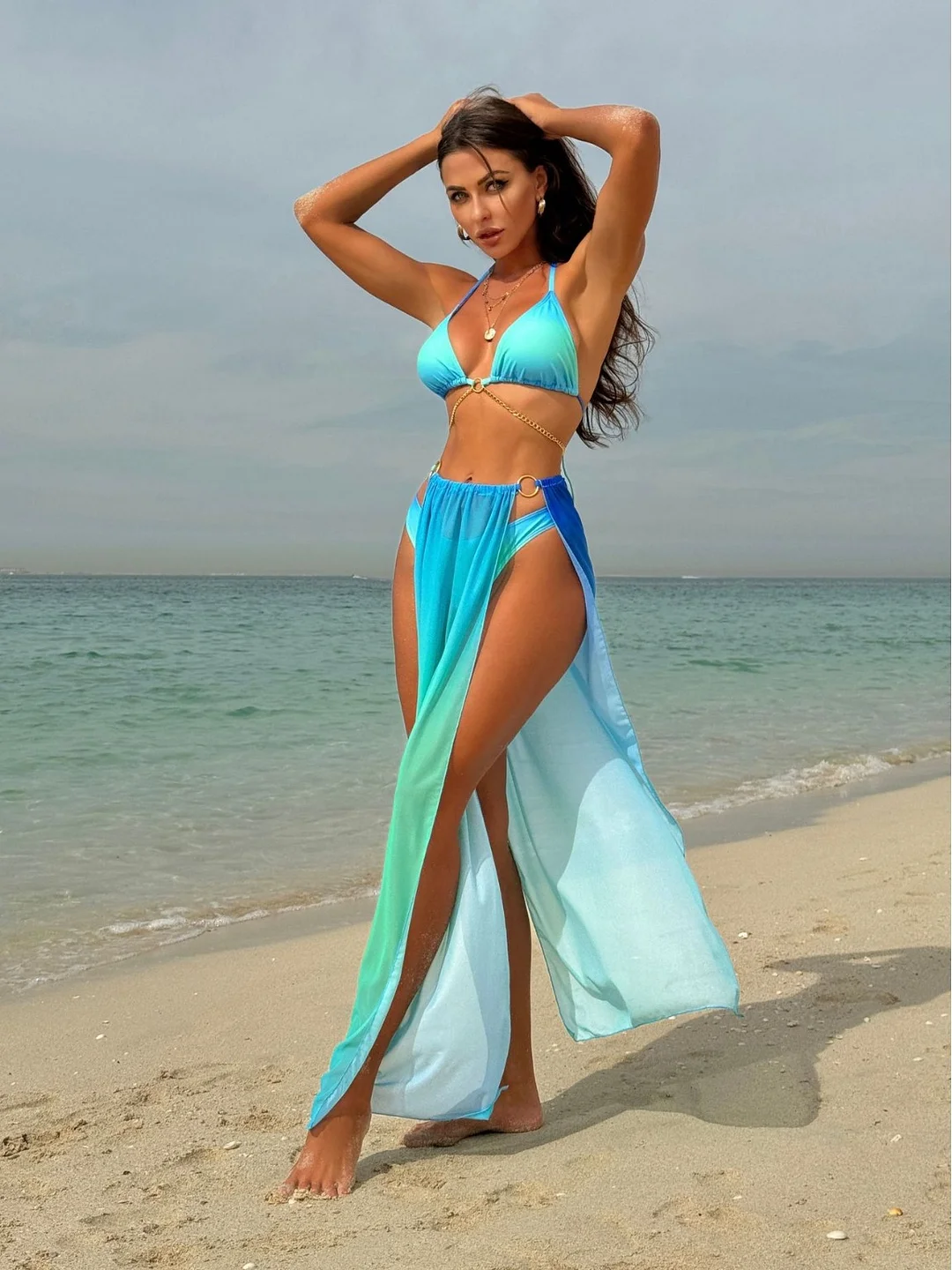 Uveng 2024 New Gradient Mesh Dress Rope Strap Bikini Three-Piece Swimsuit