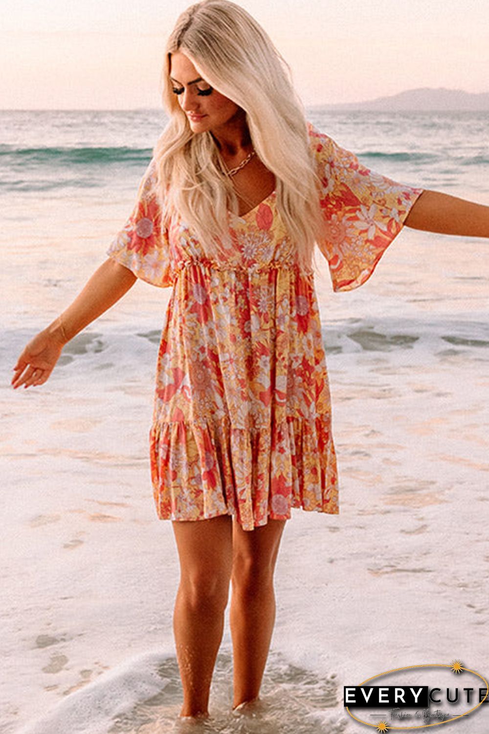 Orange Wide Flutter Sleeve Floral Dress