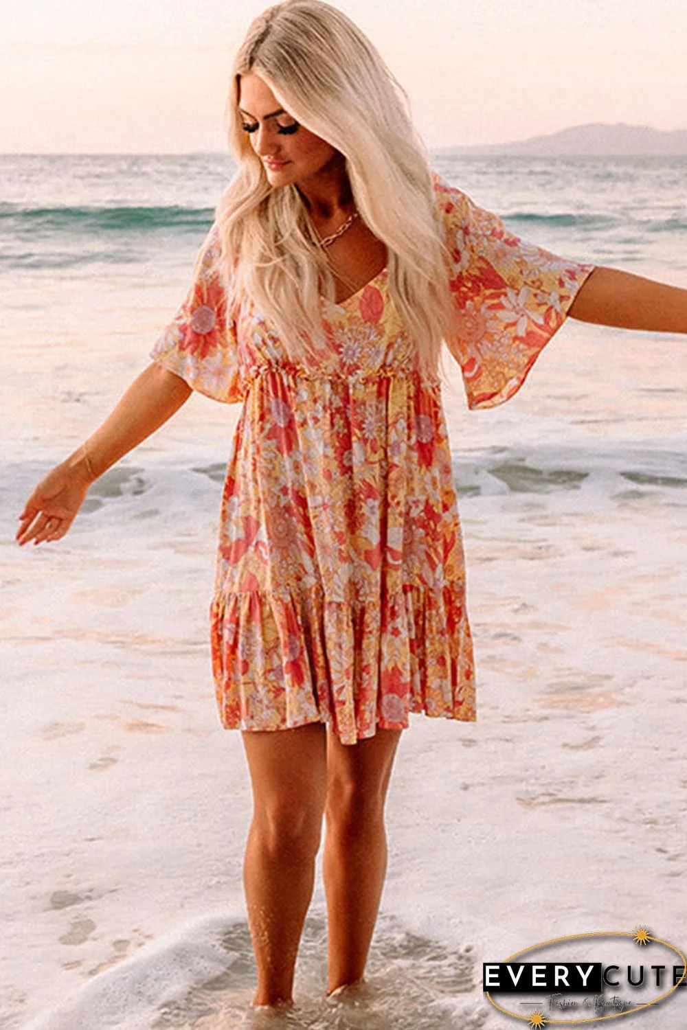 Orange Wide Flutter Sleeve Floral Dress