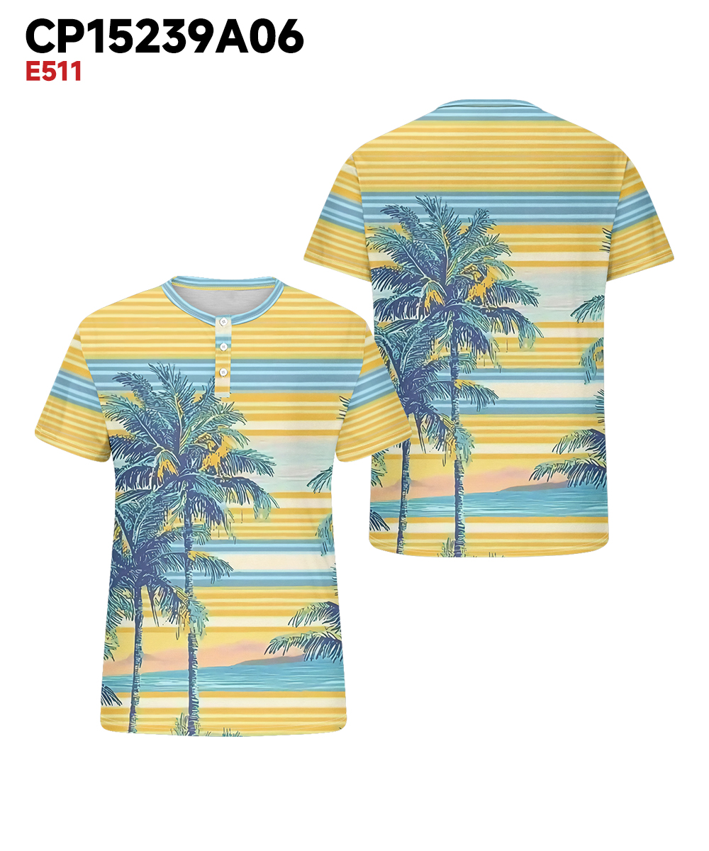 Men's Plus Size Daily Casual Yellow Striped Coconut Tree Print Henley Collar Button Short Sleeve T-Shirt