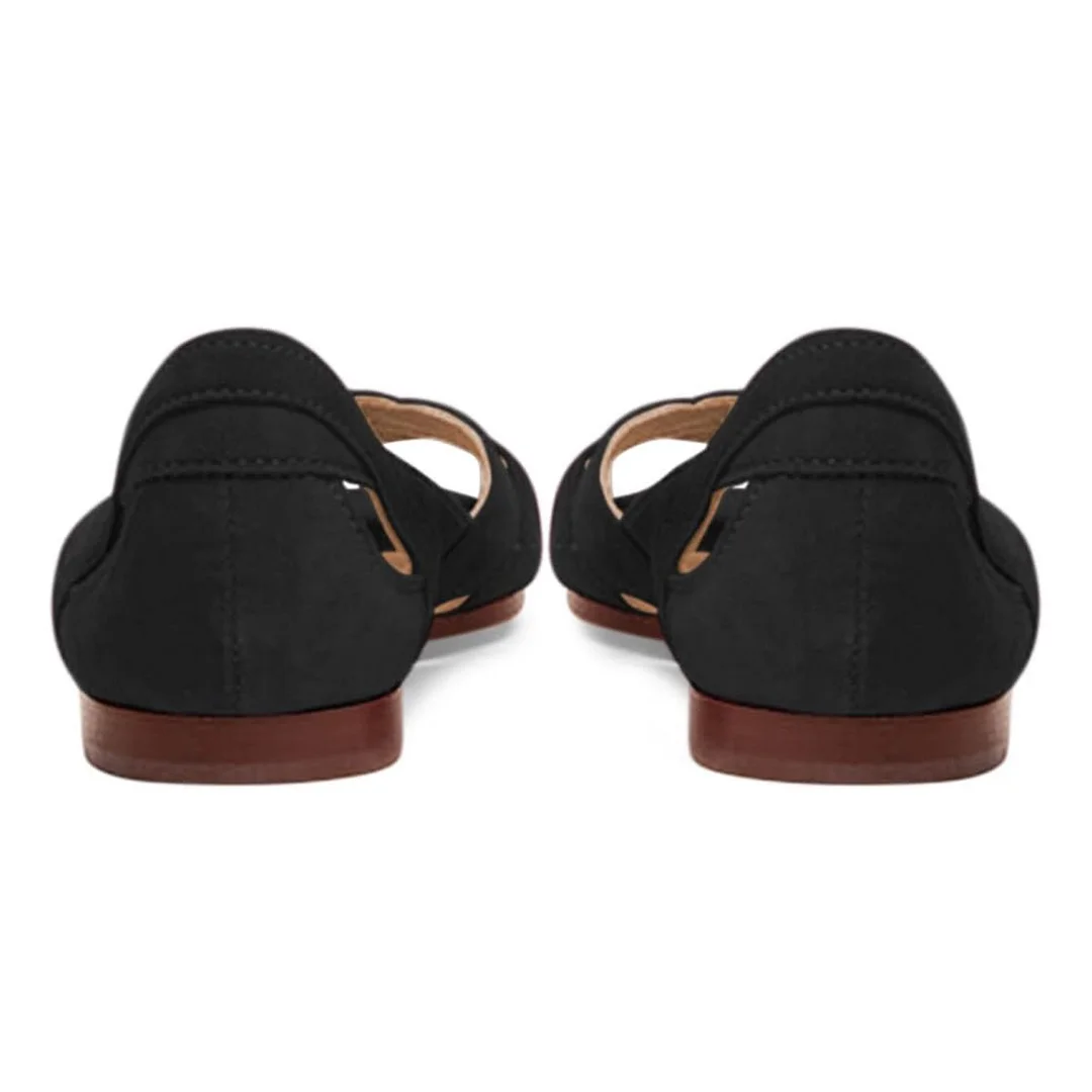 Vegan Suede Cut-Out Peep Toe Woven Flat Women's Sandals in Black