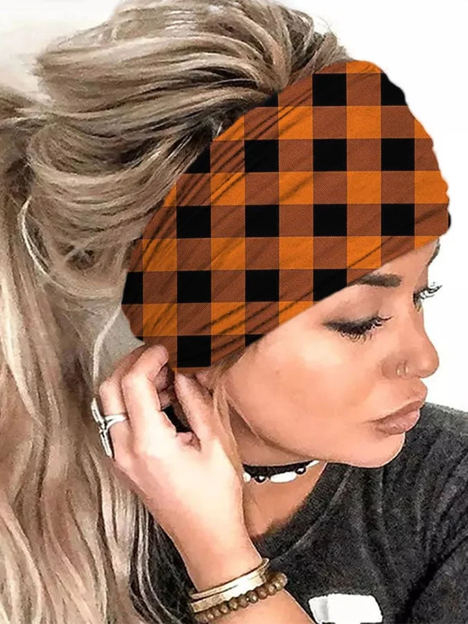 Orange Check Print Wide Headband
