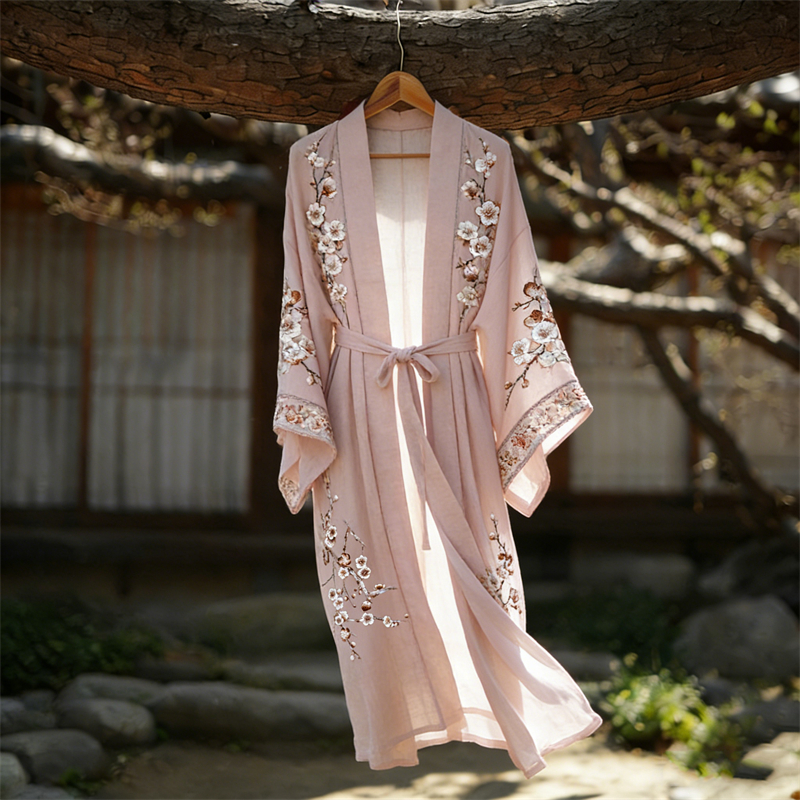 Cherry Blossom Japanese Art Flowy Linen Long Kimono wearshes