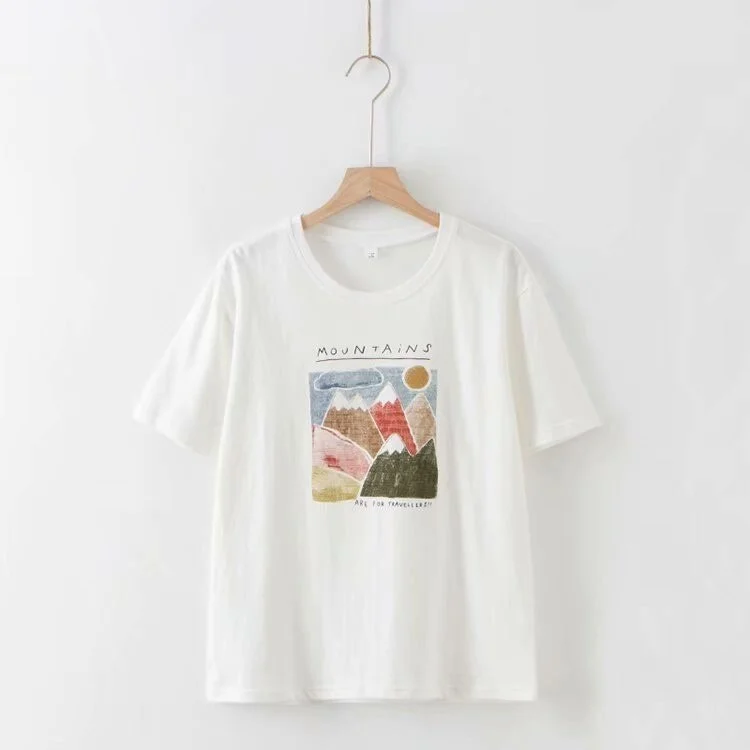 Toppies Summer Short Sleee White Cotton Tops Cartoon Printing Shirts Korean Fashion Summer Women Tops