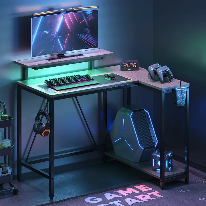 Pinmoco 42 inch L-Shaped Gaming Desk with LED Light Monitor Stand Headphone Hook & Storage Shelves Reversible Office Desk, Gray Carbon Fiber