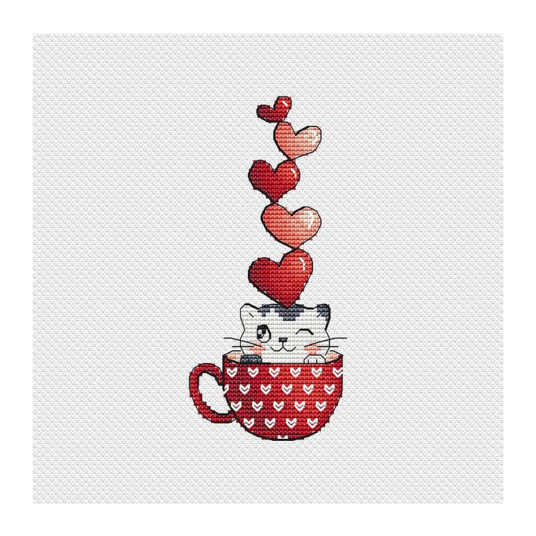 Love-Cat In A Cup - Printed Cross Stitch 11CT 25*25CM