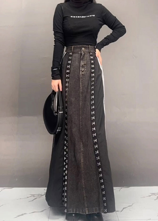 VCSHOES Dark Grey Patchwork Side Open Denim Skirts Fall