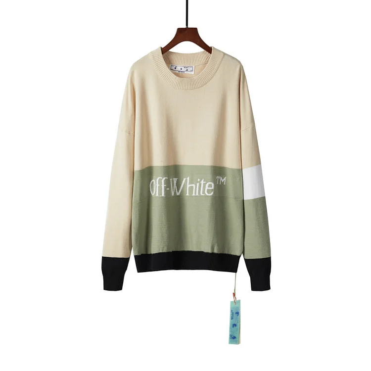 Off White Sweater Autumn and Winter Three-Color Stitching Letter Crew Neck Pullover Knitted Sweater