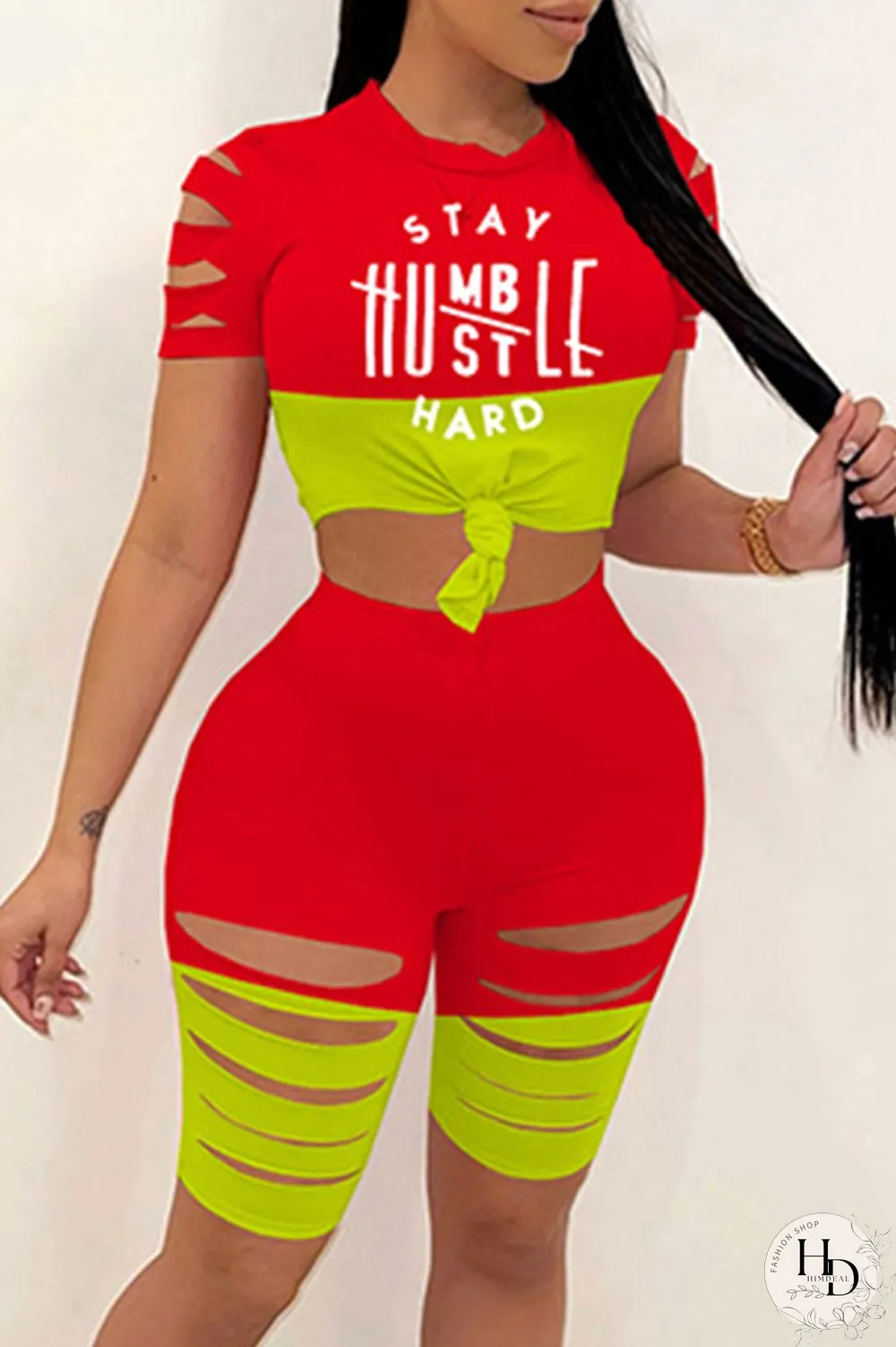 Red Fashion Casual Letter Print Ripped Split Joint O Neck Short Sleeve Two Pieces