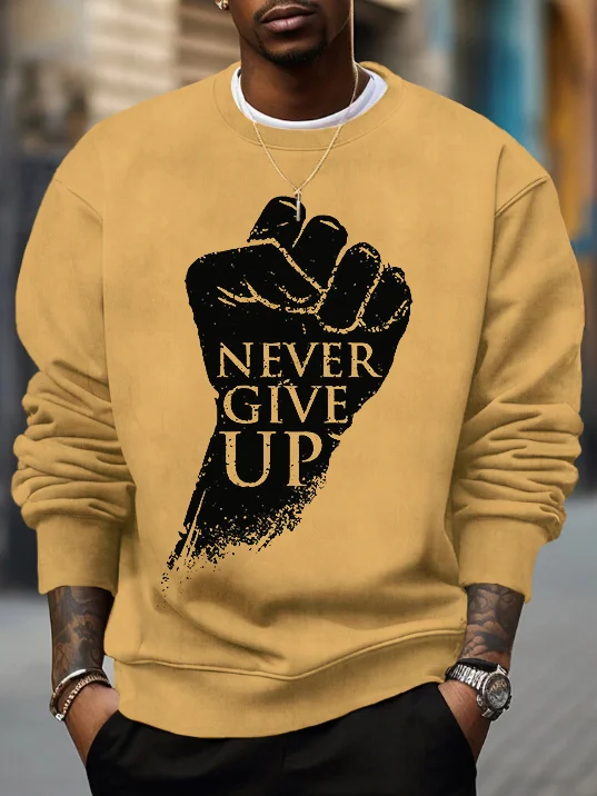 Men's Black Power Never Give Up Slogan Fist Print Cotton Casual Sweatshirt
