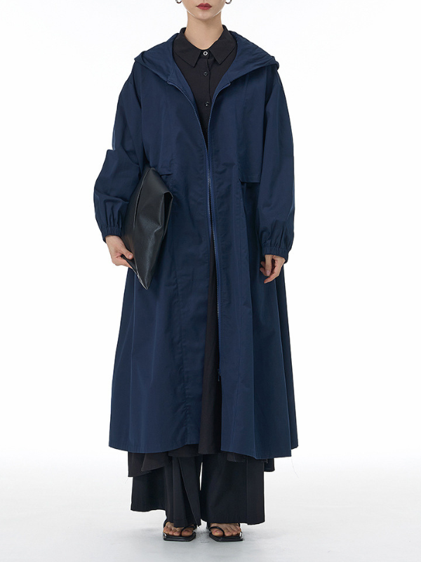 Women's London Street Style Trench Coat Outwear Solid Hoode Jacket Maximalist Long Jacket