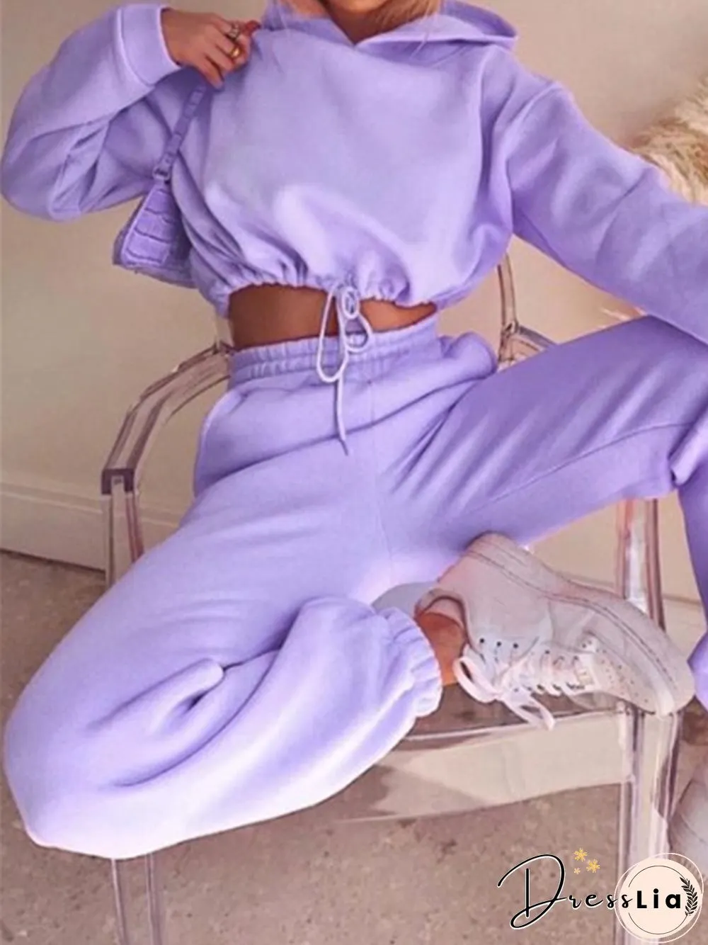 Plain Short Long Sleeve Hoodie 2-Piece Set